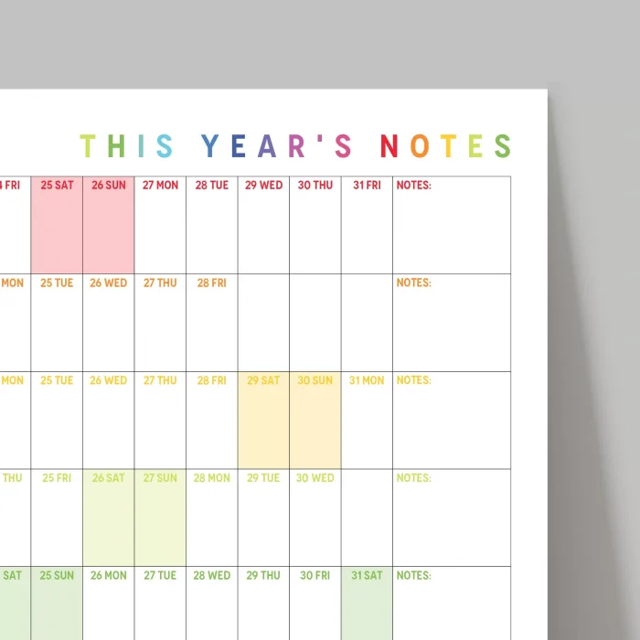 2026 Yıllık Planlayıcı Duvar Takvimi, Gökkuşağı Renkleri, Rainbow, Yatay