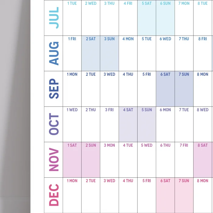 2026 Yıllık Planlayıcı Duvar Takvimi, Gökkuşağı Renkleri, Rainbow, Yatay