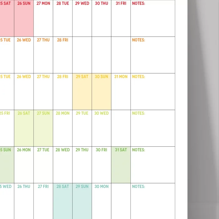 2026 Yıllık Planlayıcı Duvar Takvimi, Gökkuşağı Renkleri, Rainbow, Yatay