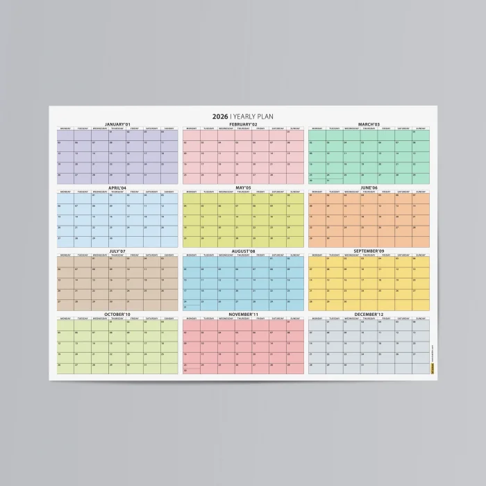 2026 Yıllık Planlayıcı Duvar Takvimi, Rengarenk Pastel Renkler