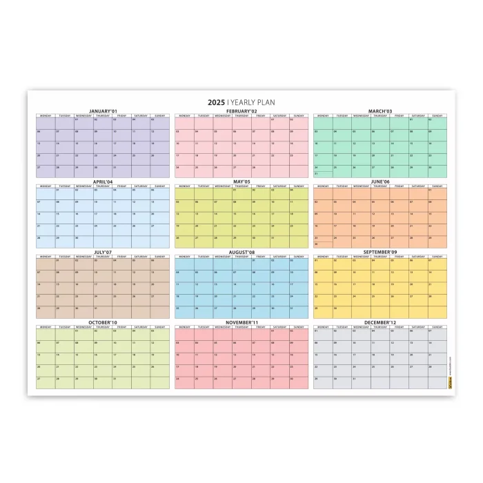 2026 Yıllık Planlayıcı Duvar Takvimi, Rengarenk Pastel Renkler, Yatay Planlayıcı Takvim