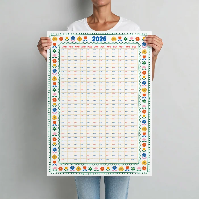 2026 Yıllık Planlayıcı Duvar Takvimi, Soyut Çiçek Sanatı Rengarenk Takvim, Dekoratif Duvar Takvimi Renkli Tasarım