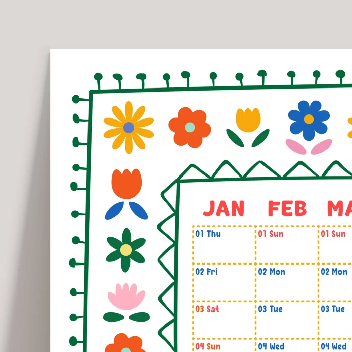 2026 Yıllık Planlayıcı Duvar Takvimi, Soyut Çiçek Sanatı Rengarenk Takvim, Dekoratif Duvar Takvimi Renkli Tasarım