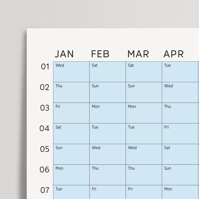 2026 Yıllık Takvim Planlayıcı, Planlayıcı Duvar Takvimi, Pastel Mavi Renk