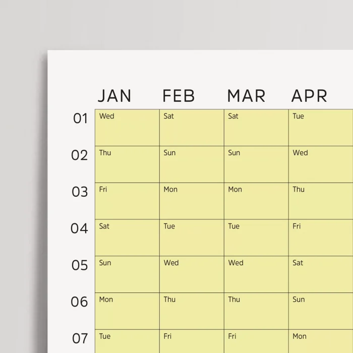 2026 Yıllık Takvim Planlayıcı, Planlayıcı Duvar Takvimi, Pastel Sarı Renk