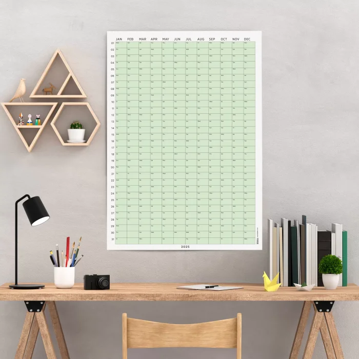2026 Yıllık Takvim Planlayıcı, Planlayıcı Duvar Takvimi, Pastel Yeşil Renk