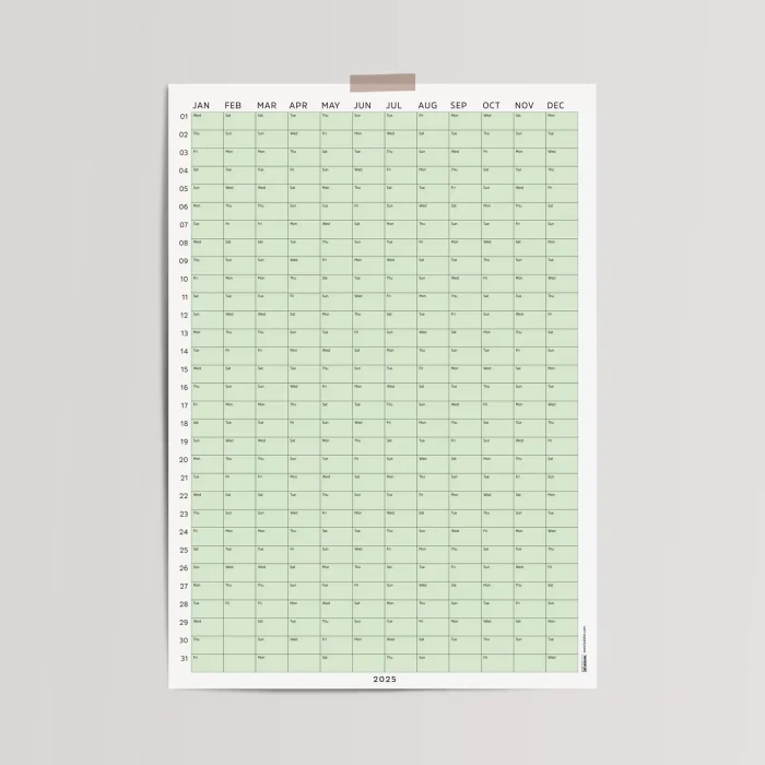 2026 Yıllık Takvim Planlayıcı, Planlayıcı Duvar Takvimi, Pastel Yeşil Renk