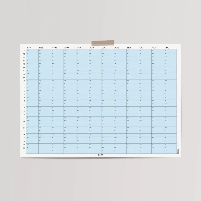 2026 Yıllık Takvim Planlayıcı, Planlayıcı Duvar Takvimi, Yatay, Pastel Mavi Renk