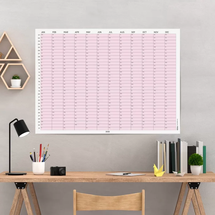 2026 Yıllık Takvim Planlayıcı, Planlayıcı Duvar Takvimi, Yatay, Pastel Pembe Renk