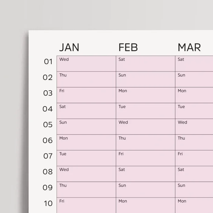2026 Yıllık Takvim Planlayıcı, Planlayıcı Duvar Takvimi, Yatay, Pastel Pembe Renk