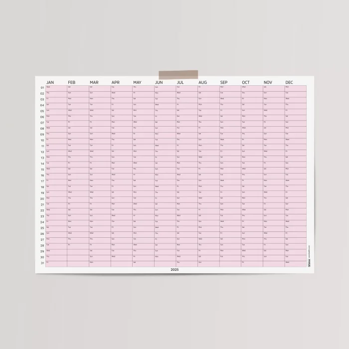 2026 Yıllık Takvim Planlayıcı, Planlayıcı Duvar Takvimi, Yatay, Pastel Pembe Renk