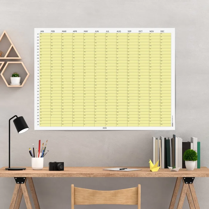 2026 Yıllık Takvim Planlayıcı, Planlayıcı Duvar Takvimi, Yatay, Pastel Sarı Renk