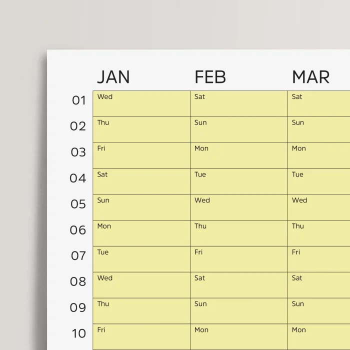 2026 Yıllık Takvim Planlayıcı, Planlayıcı Duvar Takvimi, Yatay, Pastel Sarı Renk