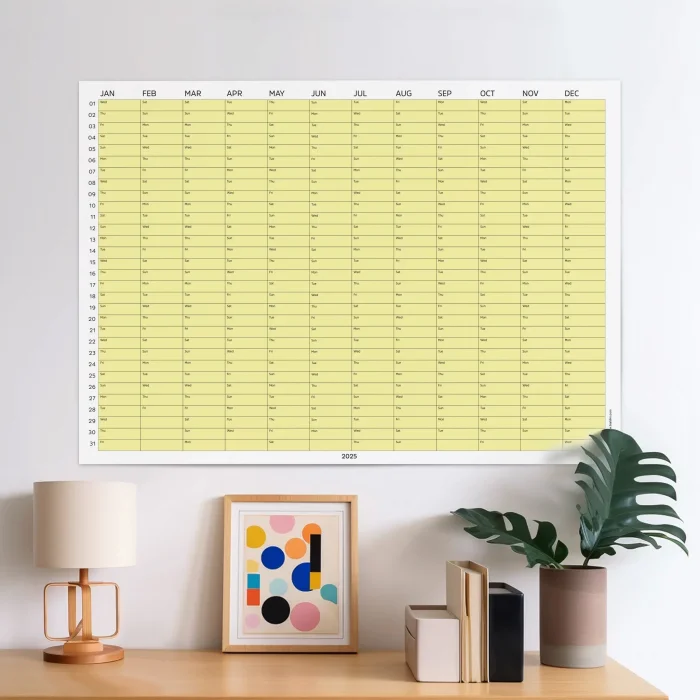 2026 Yıllık Takvim Planlayıcı, Planlayıcı Duvar Takvimi, Yatay, Pastel Sarı Renk
