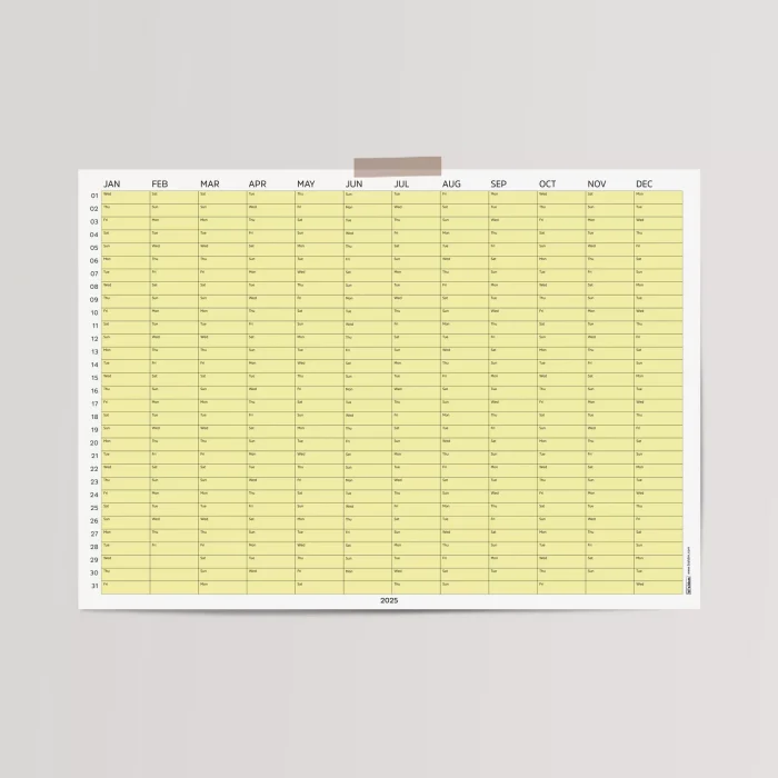 2026 Yıllık Takvim Planlayıcı, Planlayıcı Duvar Takvimi, Yatay, Pastel Sarı Renk