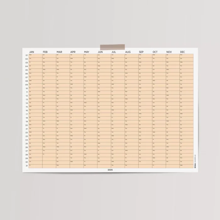 2026 Yıllık Takvim Planlayıcı, Planlayıcı Duvar Takvimi, Yatay, Pastel Somon Turuncu Renk