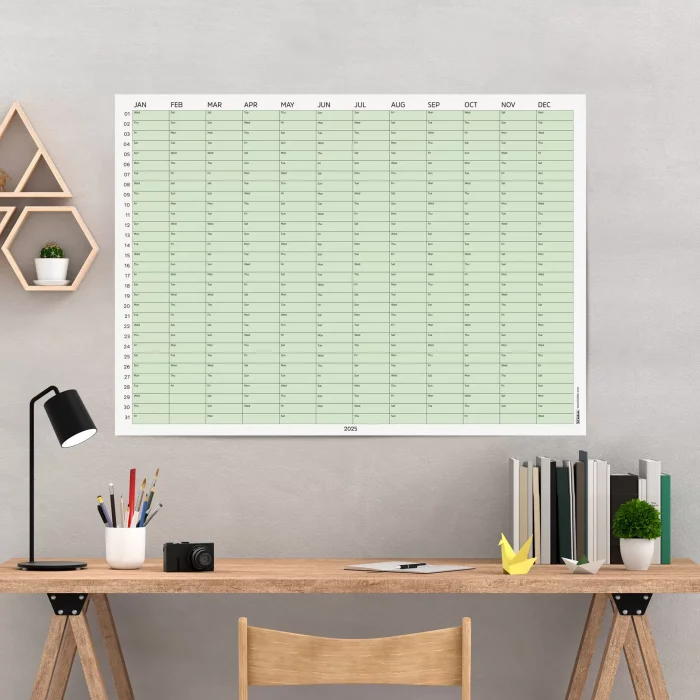2026 Yıllık Takvim Planlayıcı, Planlayıcı Duvar Takvimi, Yatay, Pastel Yeşil Renk