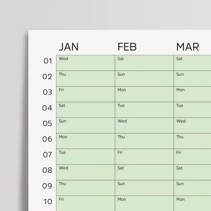 2026 Yıllık Takvim Planlayıcı, Planlayıcı Duvar Takvimi, Yatay, Pastel Yeşil Renk