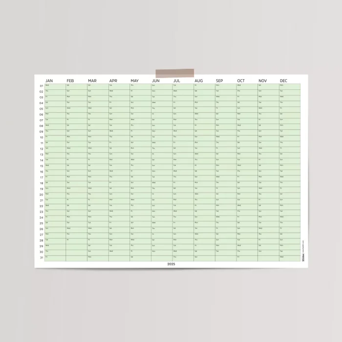 2026 Yıllık Takvim Planlayıcı, Planlayıcı Duvar Takvimi, Yatay, Pastel Yeşil Renk