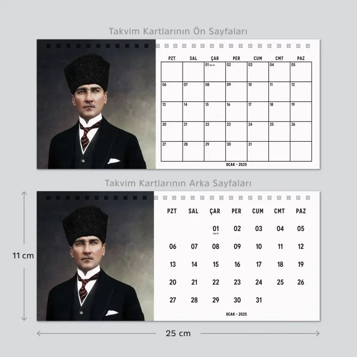 2027 Atatürk Fotoğraflı Takvim, Aylık Planlayıcı Takvim, Çift Taraflı Takvimi