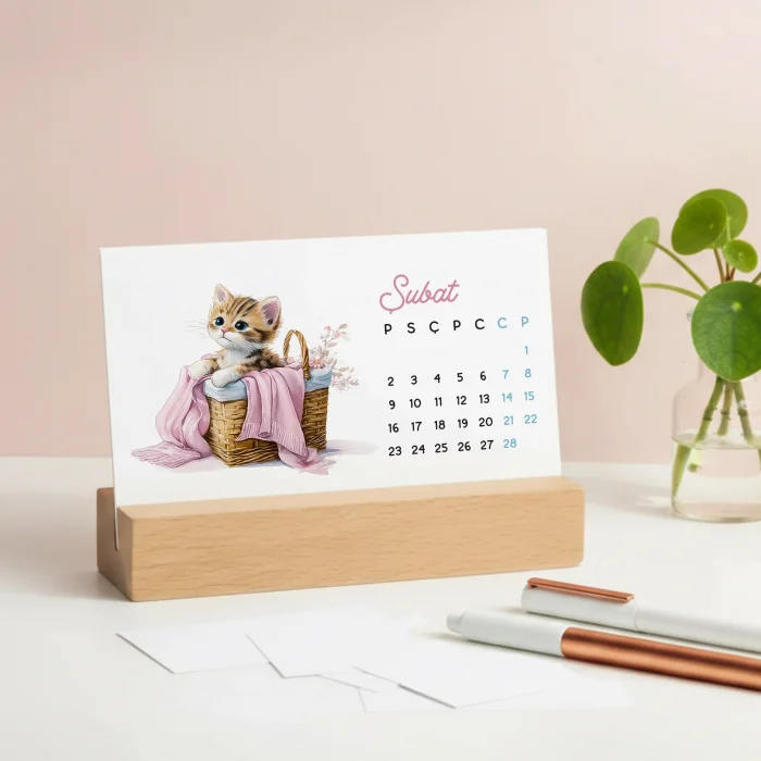 2027 Sevimli Yavru Kedili Masa Takvimi | Doğal Ahşap Tabanlı Takvim | Pastel Pembe Kedi illüstrasyonlu Takvim