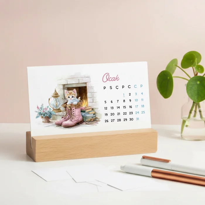 2027 Sevimli Yavru Kedili Masa Takvimi | Doğal Ahşap Tabanlı Takvim | Pastel Pembe Kedi illüstrasyonlu Takvim