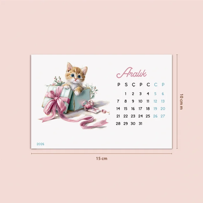 2027 Sevimli Yavru Kedili Masa Takvimi | Doğal Ahşap Tabanlı Takvim | Pastel Pembe Kedi illüstrasyonlu Takvim