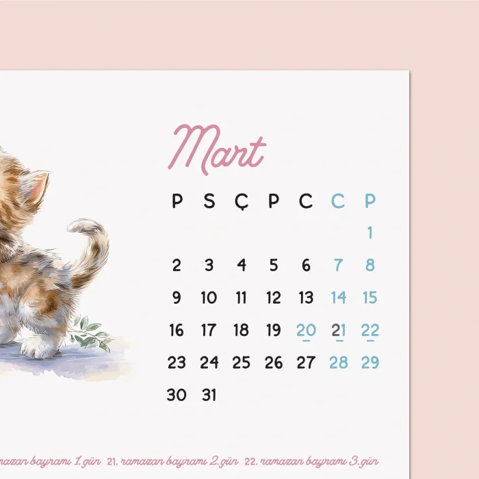 2027 Sevimli Yavru Kedili Masa Takvimi | Doğal Ahşap Tabanlı Takvim | Pastel Pembe Kedi illüstrasyonlu Takvim