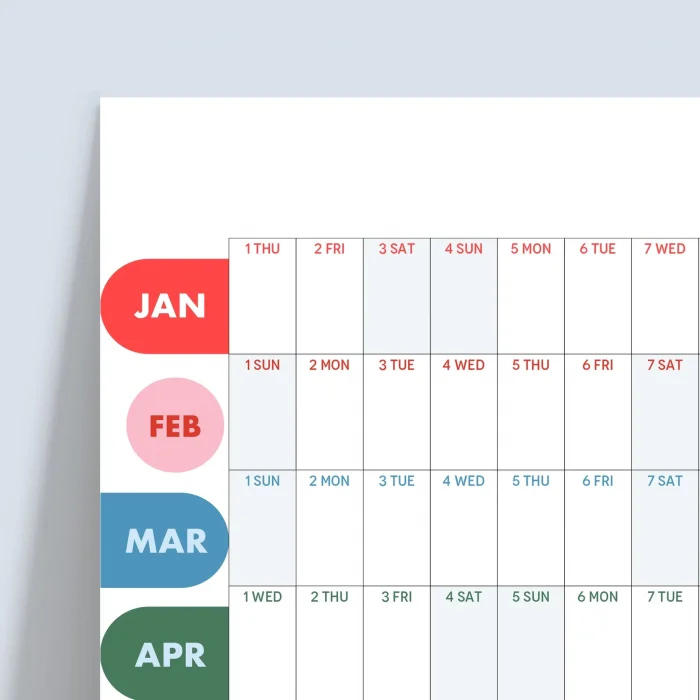 2027 yıllık planlayıcı duvar takvimi, 2027 duvar takvimi, Canlı parlak renkli, Minimalist Duvar Takvimi