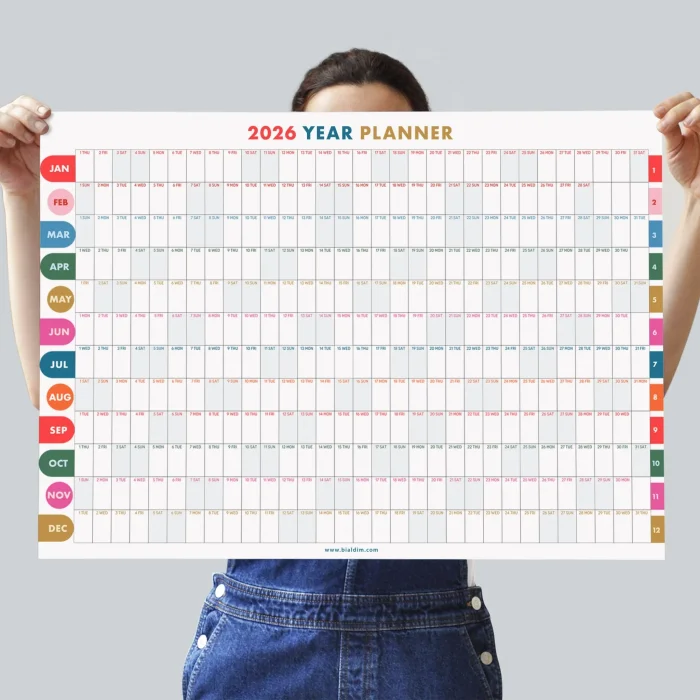 2027 yıllık planlayıcı duvar takvimi, 2027 duvar takvimi, Canlı parlak renkli, Minimalist Duvar Takvimi