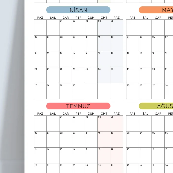 2027 Yıllık Planlayıcı Duvar Takvimi, Aylık Planlayıcı Takvim, Pastel Renkler