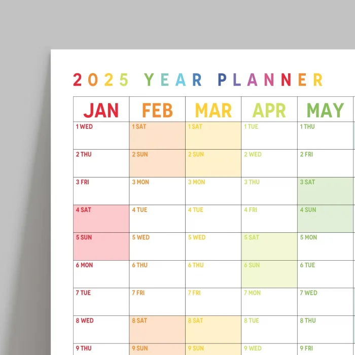 2027 Yıllık Planlayıcı Duvar Takvimi, Gökkuşağı Renkleri, Rainbow, Dikey