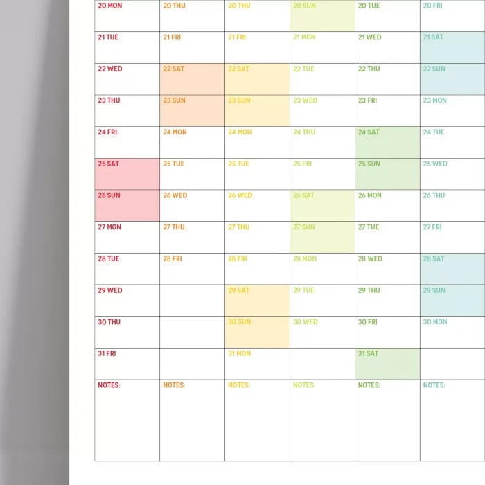 2027 Yıllık Planlayıcı Duvar Takvimi, Gökkuşağı Renkleri, Rainbow, Dikey