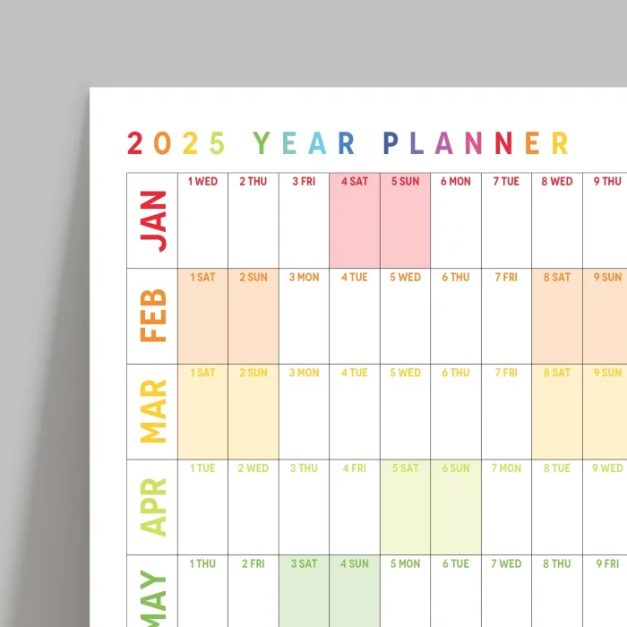 2027 Yıllık Planlayıcı Duvar Takvimi, Gökkuşağı Renkleri, Rainbow, Yatay