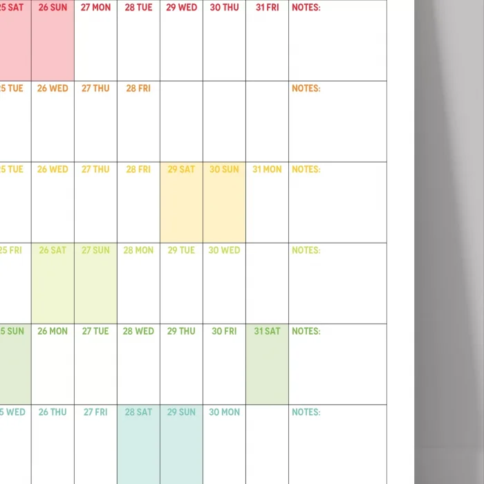 2027 Yıllık Planlayıcı Duvar Takvimi, Gökkuşağı Renkleri, Rainbow, Yatay