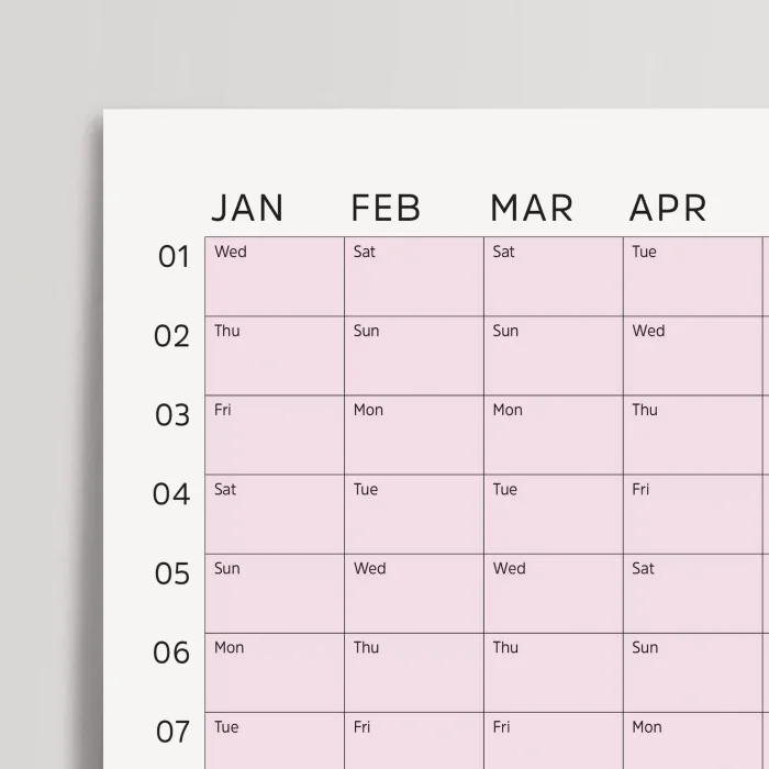 2027 Yıllık Takvim Planlayıcı, Planlayıcı Duvar Takvimi, Pastel Pembe Renk