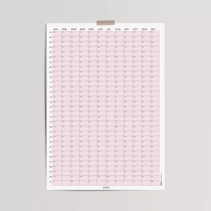 2027 Yıllık Takvim Planlayıcı, Planlayıcı Duvar Takvimi, Pastel Pembe Renk