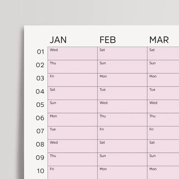 2027 Yıllık Takvim Planlayıcı, Planlayıcı Duvar Takvimi, Yatay, Pastel Pembe Renk