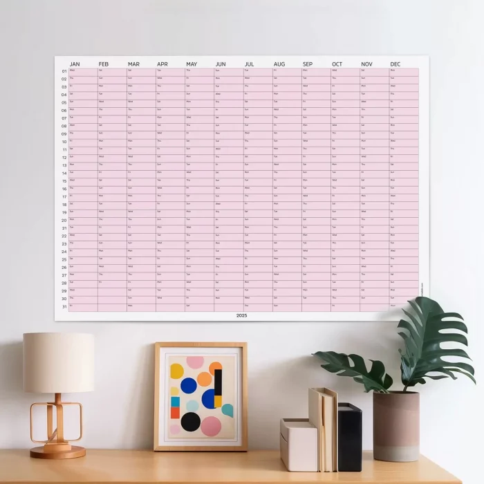 2027 Yıllık Takvim Planlayıcı, Planlayıcı Duvar Takvimi, Yatay, Pastel Pembe Renk