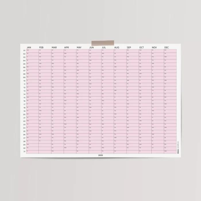 2027 Yıllık Takvim Planlayıcı, Planlayıcı Duvar Takvimi, Yatay, Pastel Pembe Renk