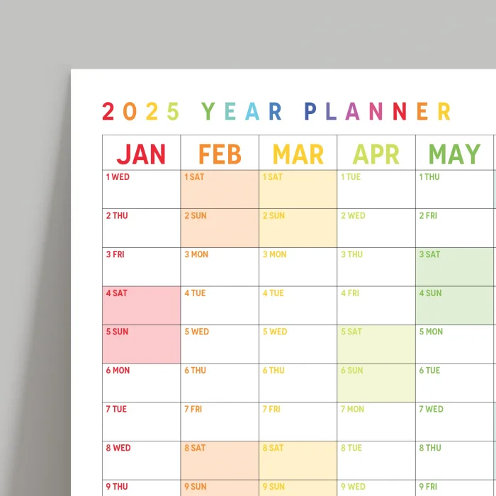 2025 Yıllık Planlayıcı Duvar Takvimi, Gökkuşağı Renkleri, Rainbow, Dikey