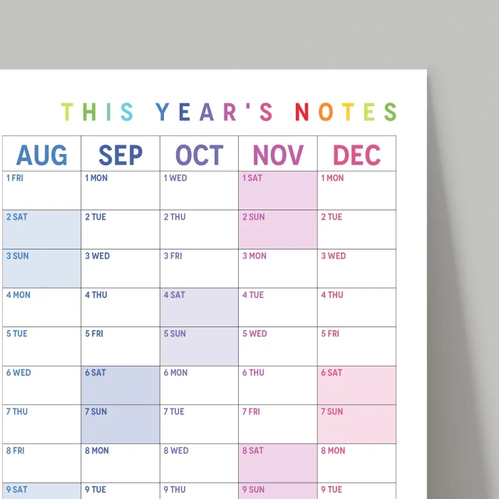 2025 Yıllık Planlayıcı Duvar Takvimi, Gökkuşağı Renkleri, Rainbow, Dikey