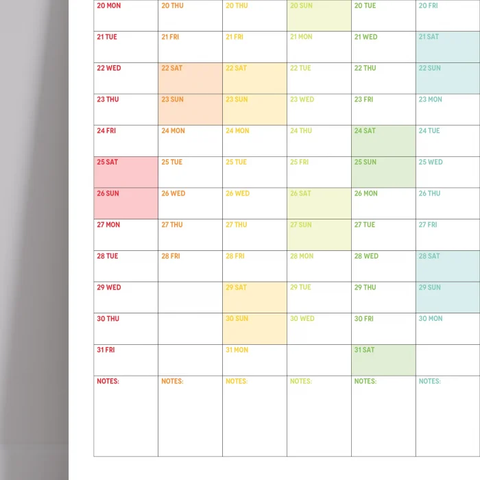 2025 Yıllık Planlayıcı Duvar Takvimi, Gökkuşağı Renkleri, Rainbow, Dikey
