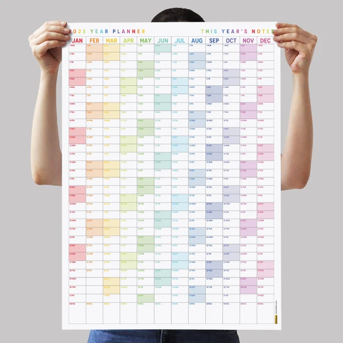 2025 Yıllık Planlayıcı Duvar Takvimi, Gökkuşağı Renkleri, Rainbow, Dikey