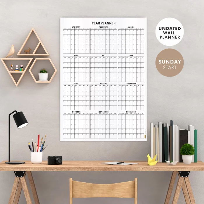 Amerikan Standardı Zamansız Yıllık Planlayıcı Takvim, Pazar Günü Başlangıçlı, Sürekli Takvim, Tarihsiz Yıllık Planlayıcı Duvar Takvimi, Zamansız Takvim