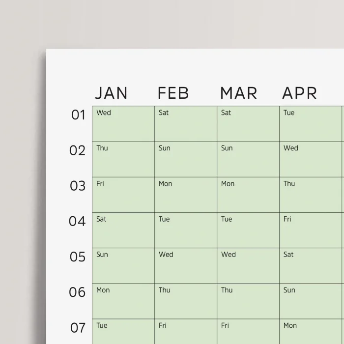 2025 Yıllık Takvim Planlayıcı, Planlayıcı Duvar Takvimi, Pastel Yeşil Renk