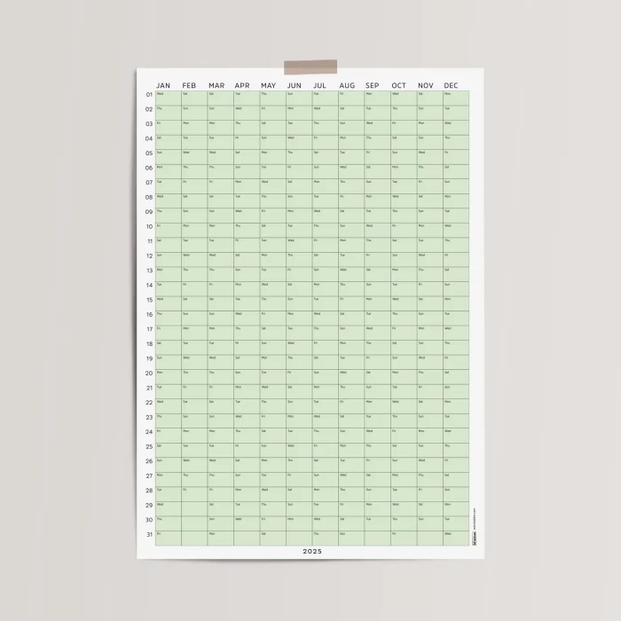 2025 Yıllık Takvim Planlayıcı, Planlayıcı Duvar Takvimi, Pastel Yeşil Renk