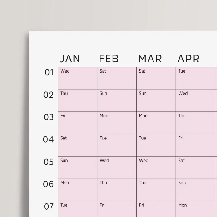 2025 Yıllık Takvim Planlayıcı, Planlayıcı Duvar Takvimi, Pastel Pembe Renk