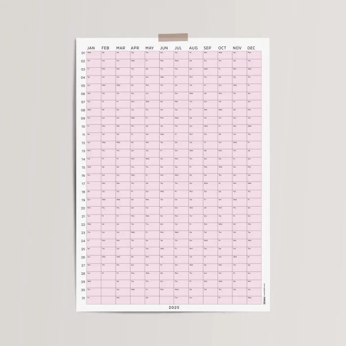 2025 Yıllık Takvim Planlayıcı, Planlayıcı Duvar Takvimi, Pastel Pembe Renk