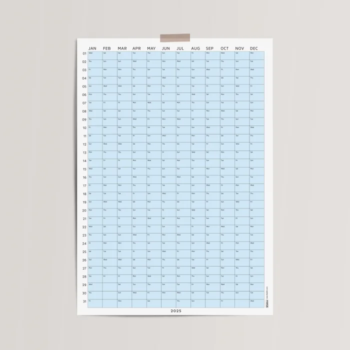 2025 Yıllık Takvim Planlayıcı, Planlayıcı Duvar Takvimi, Pastel Mavi Renk